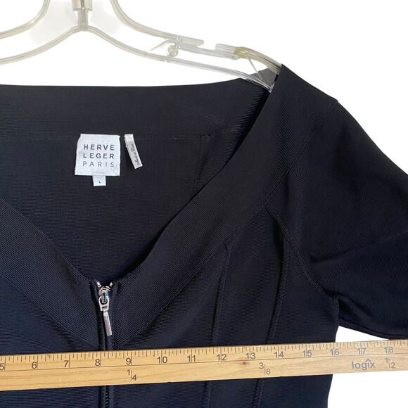Harve Leger Cropped Fitted Jacket L Black V-neck Short Sleeve Zipper Y2K Party - Picture 4 of 8